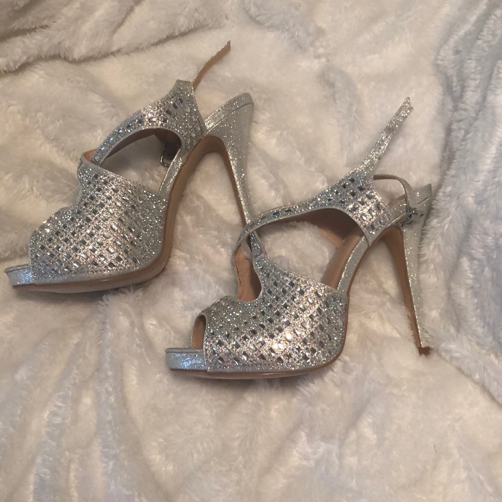 Silver rhinestone heels